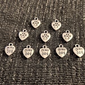 Love My Dog Charms, lot of 10 Paw Print Jewelry Charm Drop Dangle